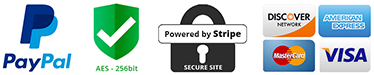 Secure payment methods including PayPal, Stripe, Mastercard, American Express and Visa